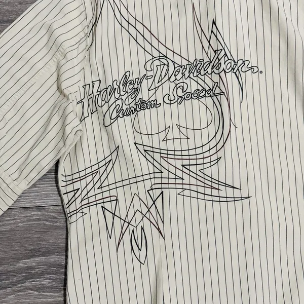 Harley Davidson Women White Pin Stripe Flaming Ace‎ Graphic Button Front XL - Image 9