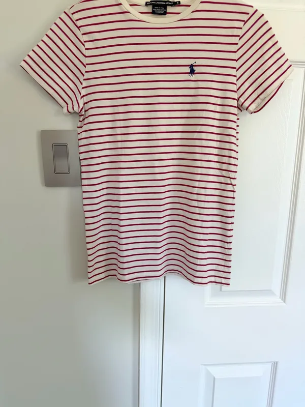 Ralph Lauren Sport Women’s Top 100% Pima Cotton Striped Pony Ecru Magenta Small - Image 3