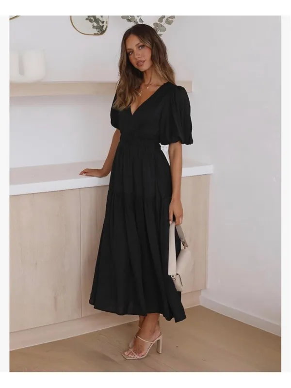NEW Short Puffy Sleeve V Neck A-Line Flowy Wrap Wedding Guest Lined Dress S - Image 2