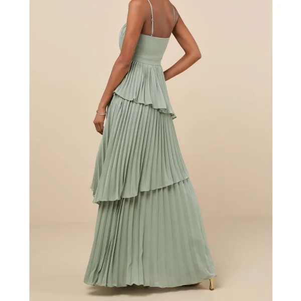 NEW Lulus Jehona Sage Green Brush Pleated Tiered Maxi Dress Chiffon Gown Large - Image 2