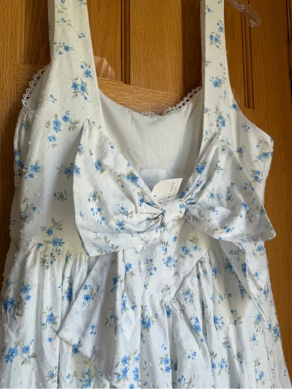 Altar'd State Maya Blue Floral Swiss Dot Open Back Bow Mini Dress NWT XL - Image 9