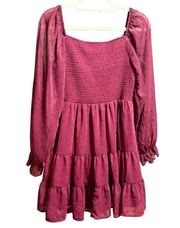 Altar’d State Women’s Vibrant Burgundy Babydoll Tiered Long Sleeve Dress Sparkle - Image 2