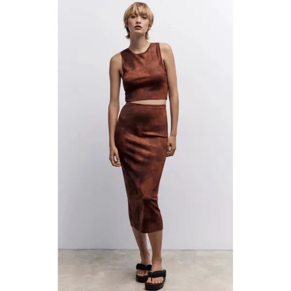 Zara Womens Rust Brown Acid Wash Knit Midi Skirt High Waist Small - Image 2