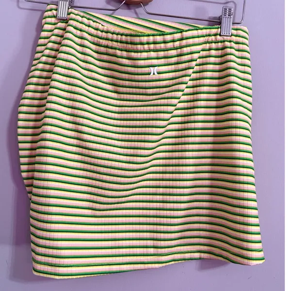 Hurley Striped Ribbed Ruched‎ Mini Skirt Yellow Green Pink Size M - Image 2