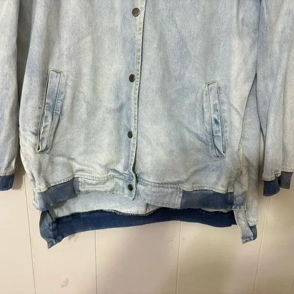 Fate Denim Bomber Jacket Womens L Light Wash Oversized Distressed Casual - Image 5