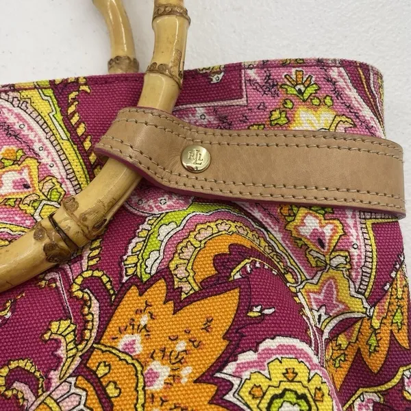 Ralph Lauren Vachetta‎ Leather Paisley Canvas Purse Handbag Round Bamboo Handle - Image 10