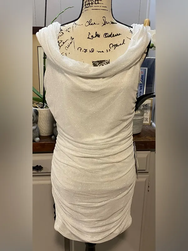 NWT B. Darlin Junior’s Off-Shoulder Glitter White Mesh Ruched Bodycon Dress - Image 2