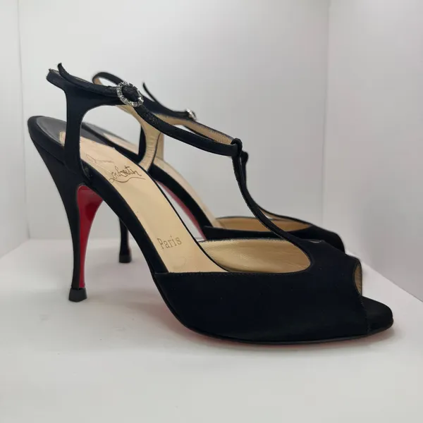 Y2K Christian Louboutin Ernesta Black Satin T-Strap Peep Toe Heels EU 37 - Image 16