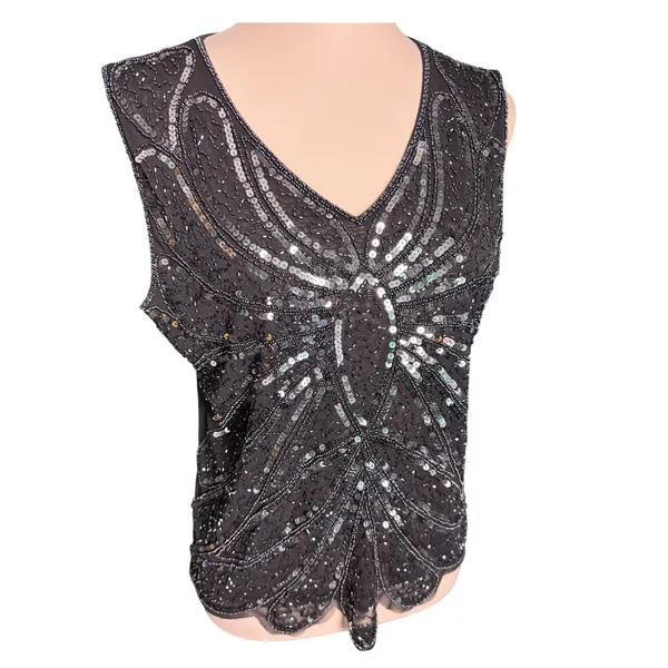 SM Collection Black Beaded Sequin Butterfly Mesh‎ Top V-Neck Sleeveless Large - Image 4