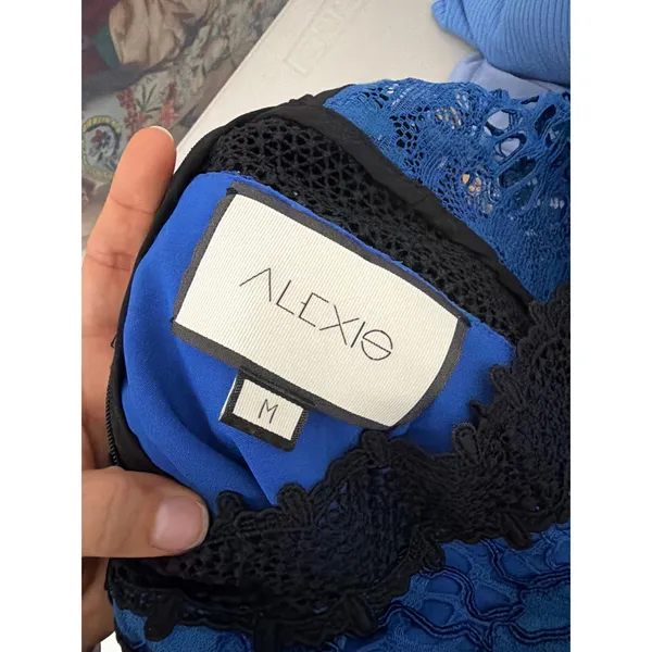 Alexis Julianna Royal Blue Black Lace Halter Midi Dress Size M Cocktail Wedding - Image 7