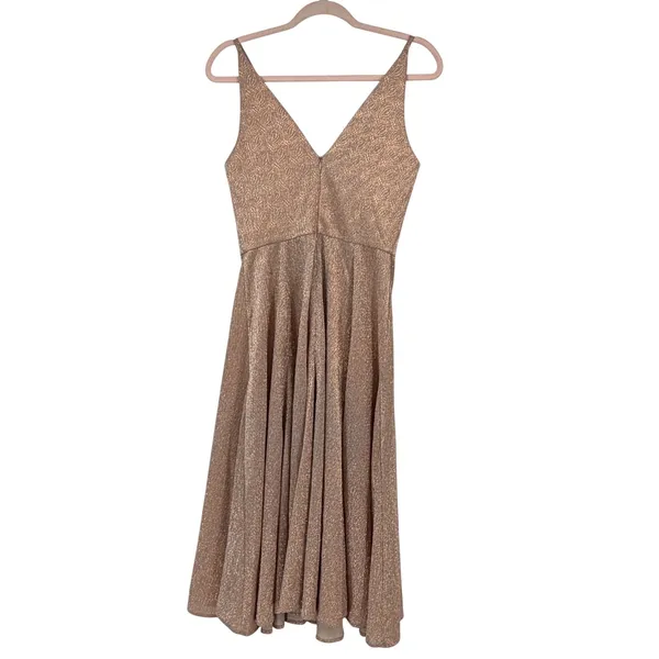 Dress The Population‎ Delilah Rose Gold Metallic Fit Flare Midi Dress S Glam - Image 2