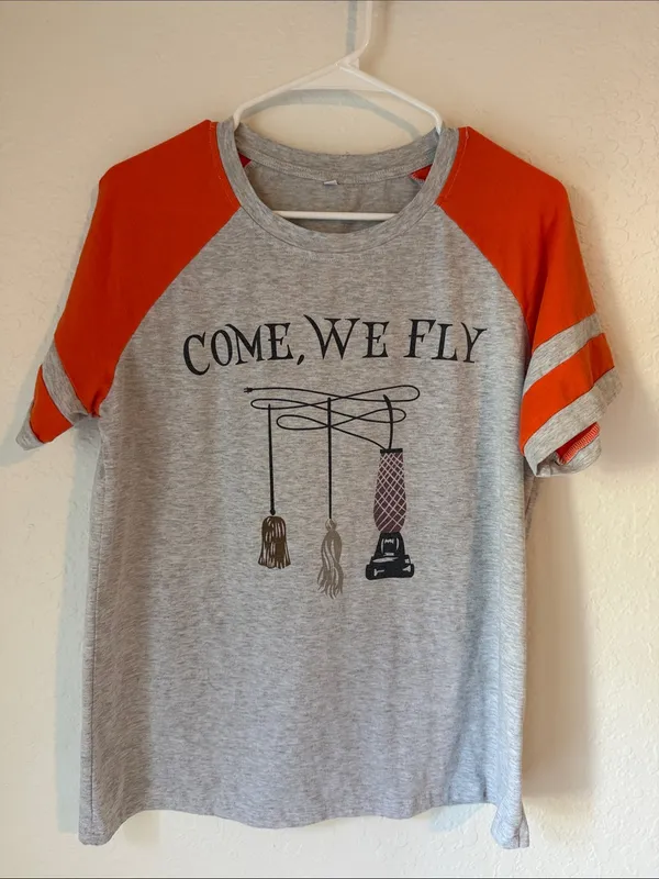 Women’s Grey & Orange Raglan Halloween Graphic Tee - "Come, We Fly" Size Ladge - Image 11