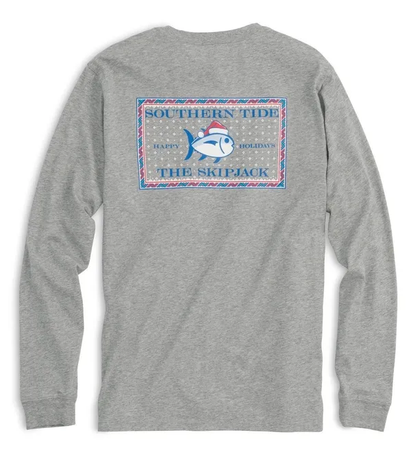 Southern Tide Men’s Gray Heather Fair Isle Holiday Skipjack Pocket T-Shirt - Image 2