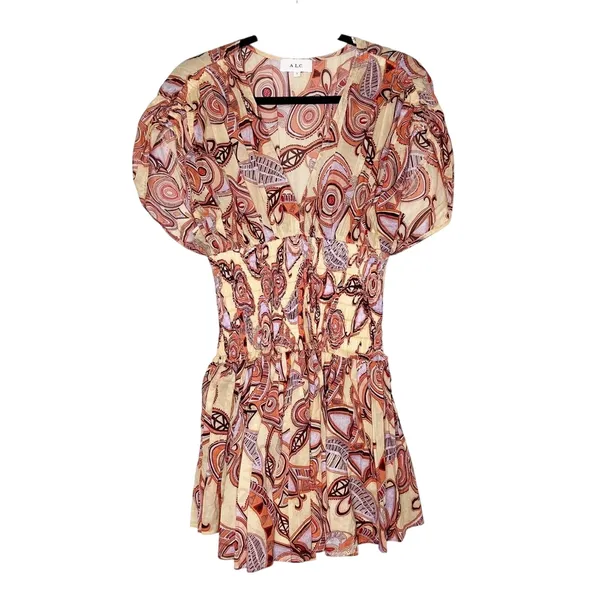 ALC Frank NEW Luna Printed Smocked Mini Dress Deep V-Neck Womens Multicolor Size 2 - Image 3