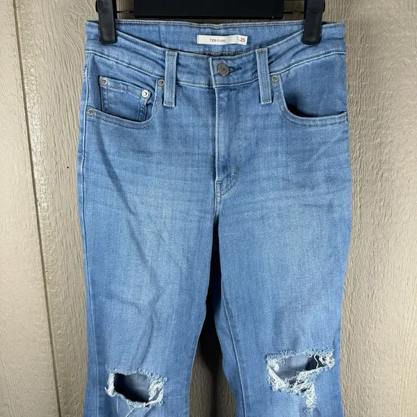 Levi's 726 High Rise Flare Jeans Womens 26 Blue Distressed Ripped Denim Stretch - Image 2