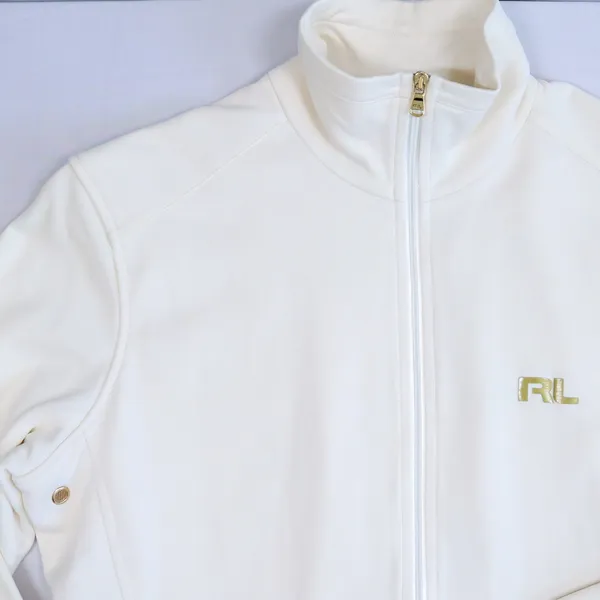 Ralph Lauren Golf Jacket Women M Ivory Full Zip Track Mock Neck Gold Trim Tennis - Image 10