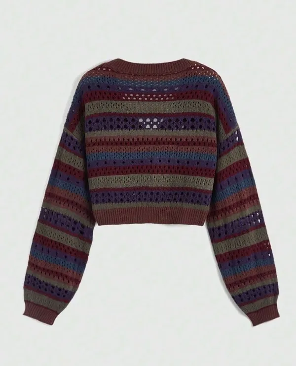 Retro multi-colored striped openwork knit cardigan - Image 2