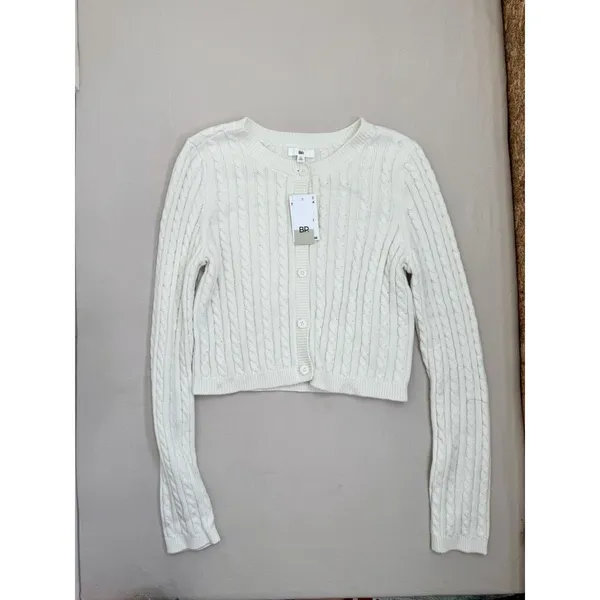 BP Cardigan Sweater Womens Size XS Ivory Cropped Cable Knit Button-Front - Image 3