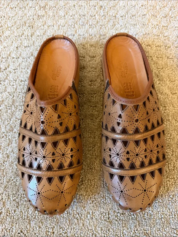 Spring Step Fusalide Leather Mules Boho Laser Cut Brown Clogs Slide Sandals - 38 - Image 3