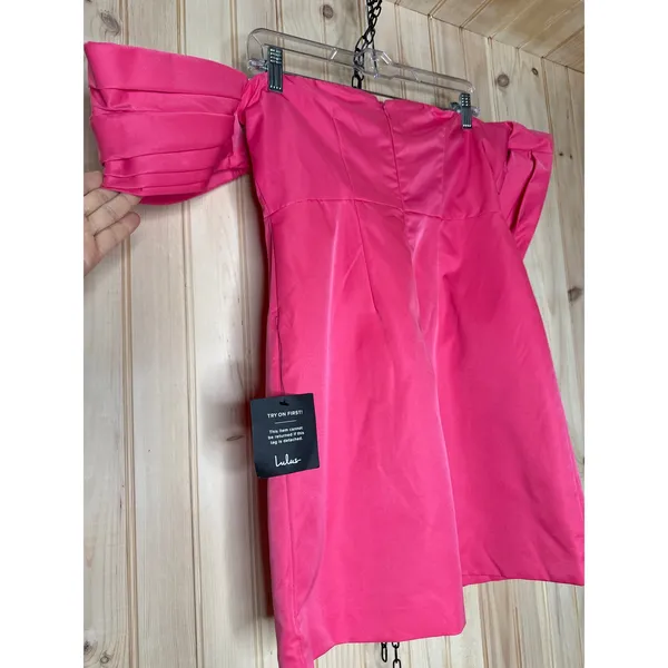 NWT Lulus Totally Haute Hot Pink Satin Pleated Off-the-Shoulder Mini Dress Sz M - Image 6