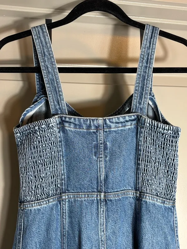 GAP Denim Maxi Dress XXS Front Zip Smocked Back Medium Wash - Image 3