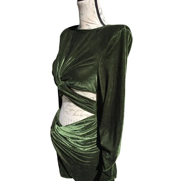 PrettyLittleThing NWT Olive Velvet Twisted Cut Out Ruched Bodycon Dress Size 4 - Image 4
