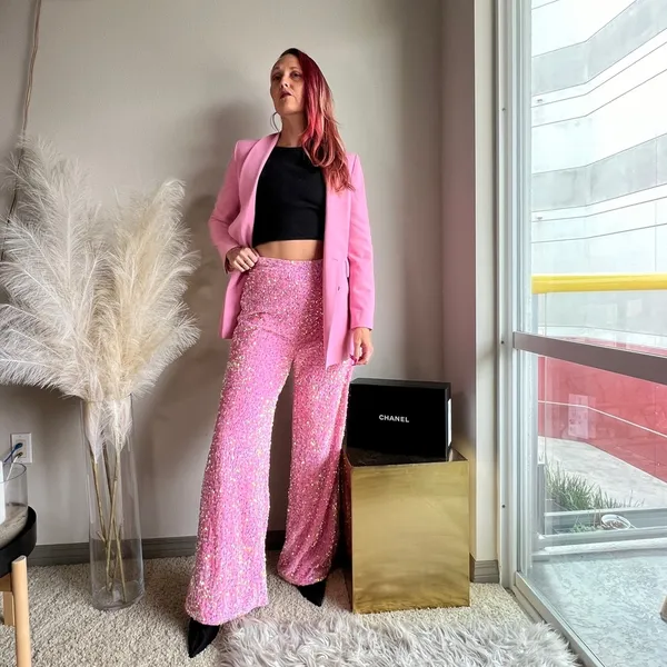 NWOT pink sequin glitter wide leg pants - Image 2