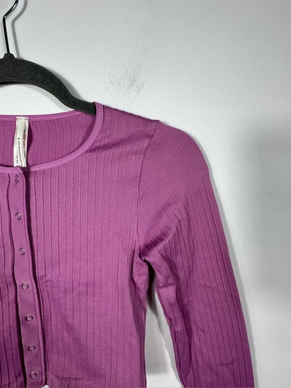 Anthropologie‎ Velvet Ribbed Cropped Cardigan Top Pink Snap Front XXS XS - Image 6