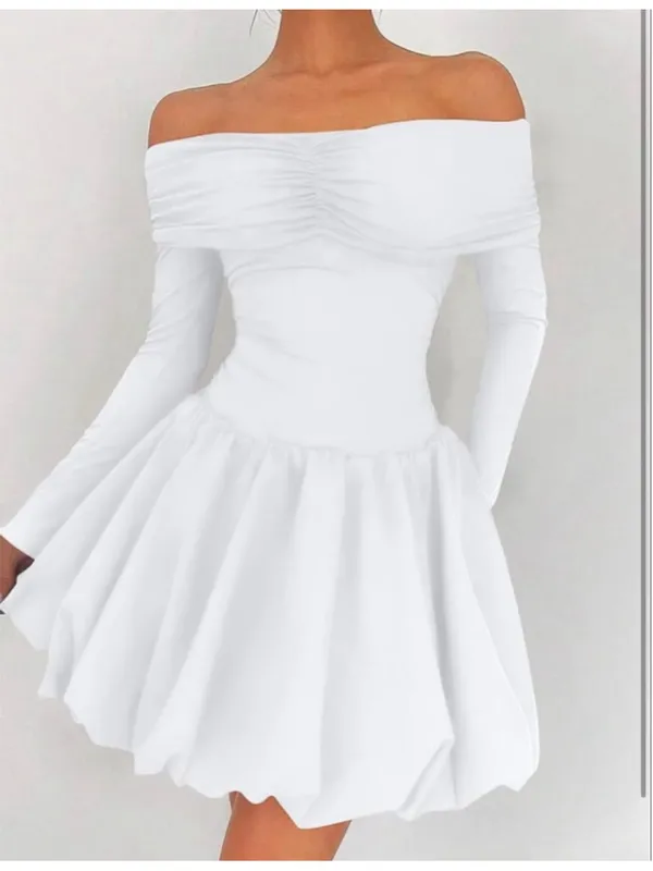 NEW White Off Shoulder Mini Bubble Dress Long Sleeve Drop Waist M - Image 7