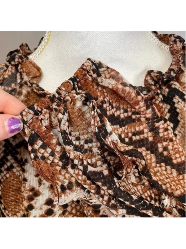 Snake Print Cold Shoulder Ruffle Blouse XS Tie Neck - Image 9