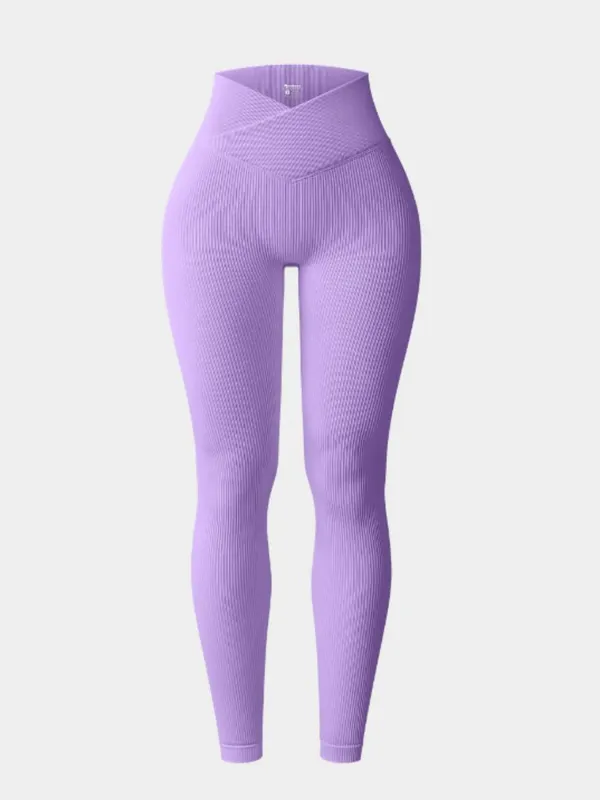 OQQ Ribbed Cross Over High Waist Lounge Pants- Lavender - Image 3