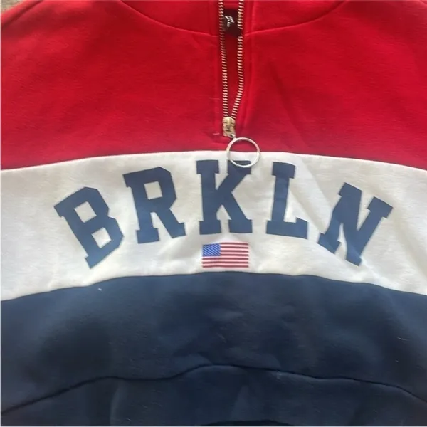 H&M Divided Size Small Red, White, & Blue Brooklyn 1/4 Zip Pullover Sweatshirt - Image 3