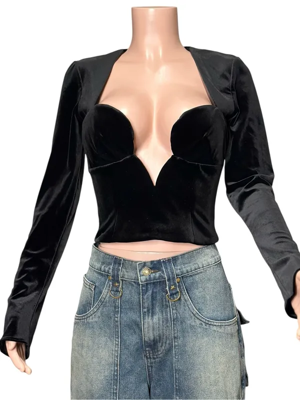 HOUSE OF CB Sierra Long Sleeve Plunge Corset, Black Velvet, XS - Image 5