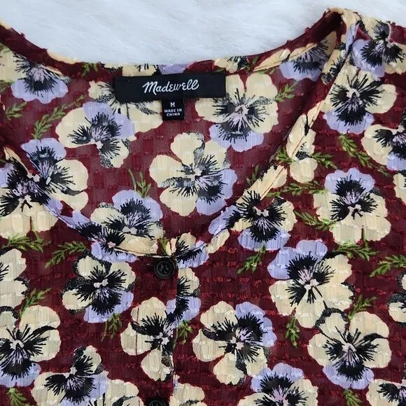 Madewell -565 Drawstring Ruffle-Hem‎ Top Blouse in Viola Floral Burgundy Medium - Image 5
