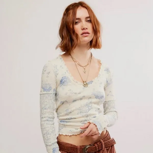Free People We The Free Clover Thermal Size Small Ivory Blue NWT 100% Cotton - Image 3