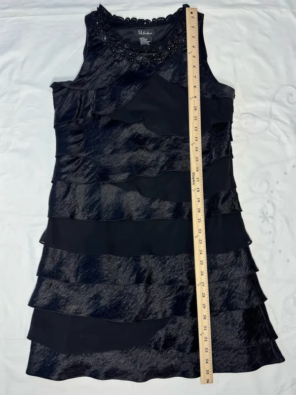 S.L. Fashions Size 14 Black Embellished Tiered Ruffle Cocktail Mini Dress - Image 3