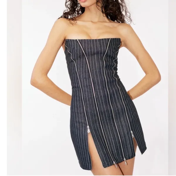 WITH‎ JEAN Mirabel Pinstripe Dress Black Mini Zipper Size Small - Image 2