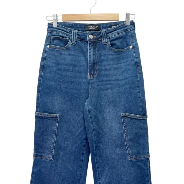 Judy Blue Cargo Wide Leg Jeans Size 7 | 28 High Rise Dark Wash Utility Denim - Image 5