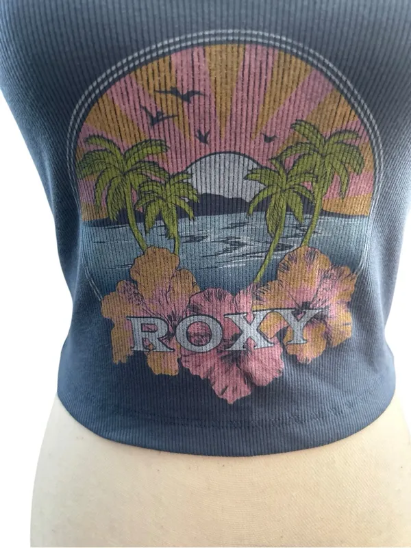 Roxy Blue Ribbed Scoop Crop Tank with Tropical Graphic - Image 4