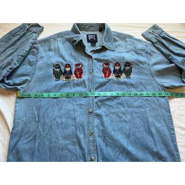 Vintage 90s Quizz Embroidered Cat Button Up W18 Blue - Image 5