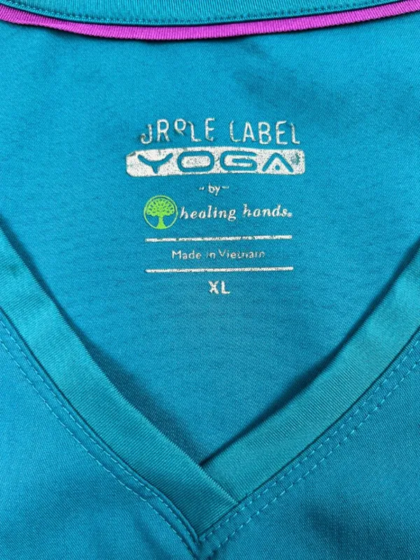 Healing Hands Purple Label Yoga Scrub Top Teal Blue XL V-Neck Stretch - Image 4