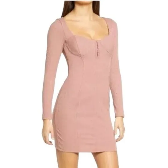 ASTR the Label Ribbed Mini Dress Womens Medium‎ Blush Pink Long Sleeve ADR100890 - Image 2