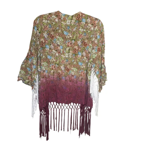 BKE Gimmicks Boho Hippie Floral Kimono Cardigan Fringe Ombre Sheer‎ Festival M - Image 2