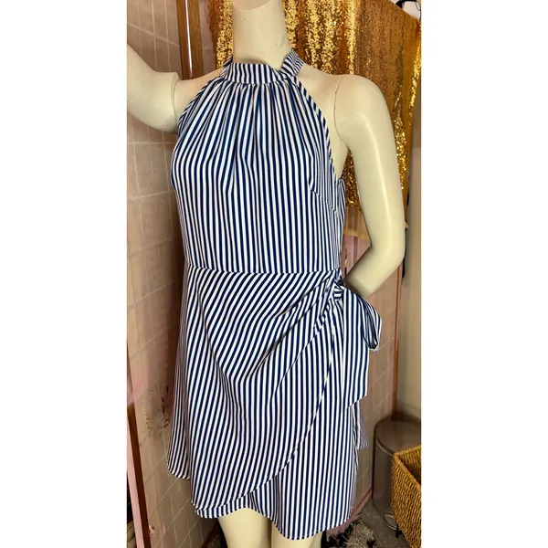Blue and White Striped Halter Wrap Mini Dress Side Tie High Neck Nautical Summer - Image 10