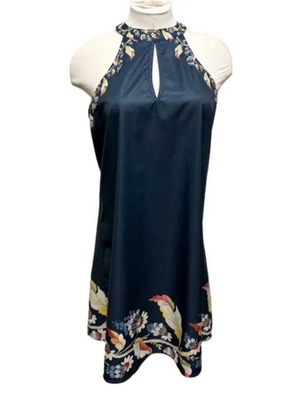 Floral Halter Neck Mini Dress Navy Blue Boho Summer Sundress Keyhole Size M - Image 2