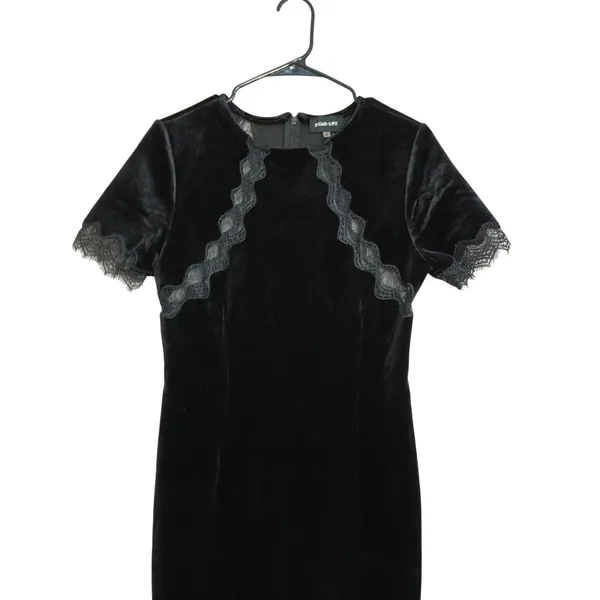 Sugar Lips Black Velvet Lace Trim Mini Dress Short Sleeve Sheath Romantic Gothic - Image 2