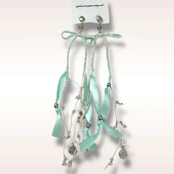 Free People Candy Baby Bow Dangle Earrings Sea Foam Ivory Braid Coquette Mermaid - Image 3