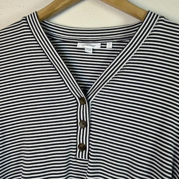 Chico's 2 Womens Large dark Navy Blue Stripe Ribbed Henley shirt cottagecore - Image 4