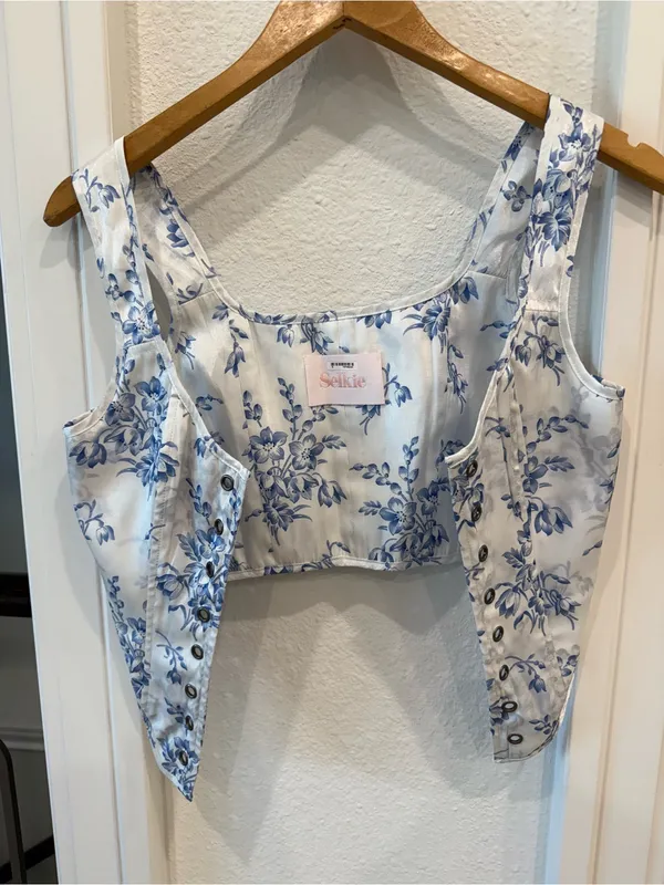 Selkie Blue Floral Corset Crop Top White Blue Size Small - Image 2