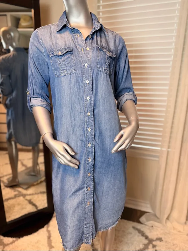 Reba 100% Tencel Chambray Denim Blue Shirt Dress Small Western Pockets Casual - Image 3